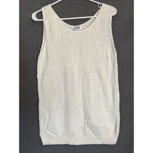 Vintage Cotton Knit Sweater Vest Floral Made In USA Ivory Cream Cottagecore M/L